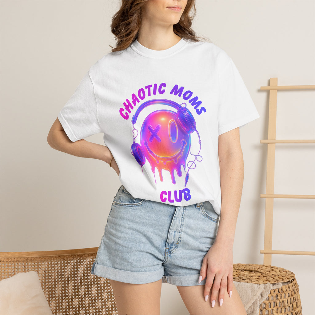 Chaotic Moms Club T-Shirt — Colorful Drip Smiley Graphic Tee (Overstimulated Since)