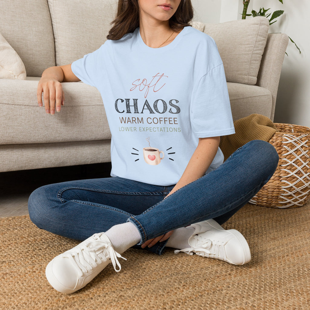 Soft Chaos, Warm Coffee, Lower Expectations Tee | Funny Mom Shirt | Overwhelmed Mom Gift | Cozy Tee