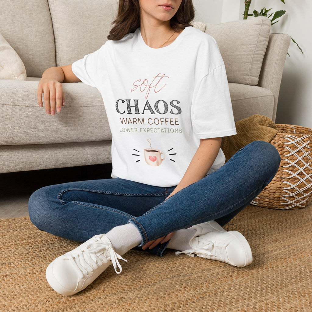 Soft Chaos, Warm Coffee, Lower Expectations Tee | Funny Mom Shirt | Overwhelmed Mom Gift | Cozy Tee