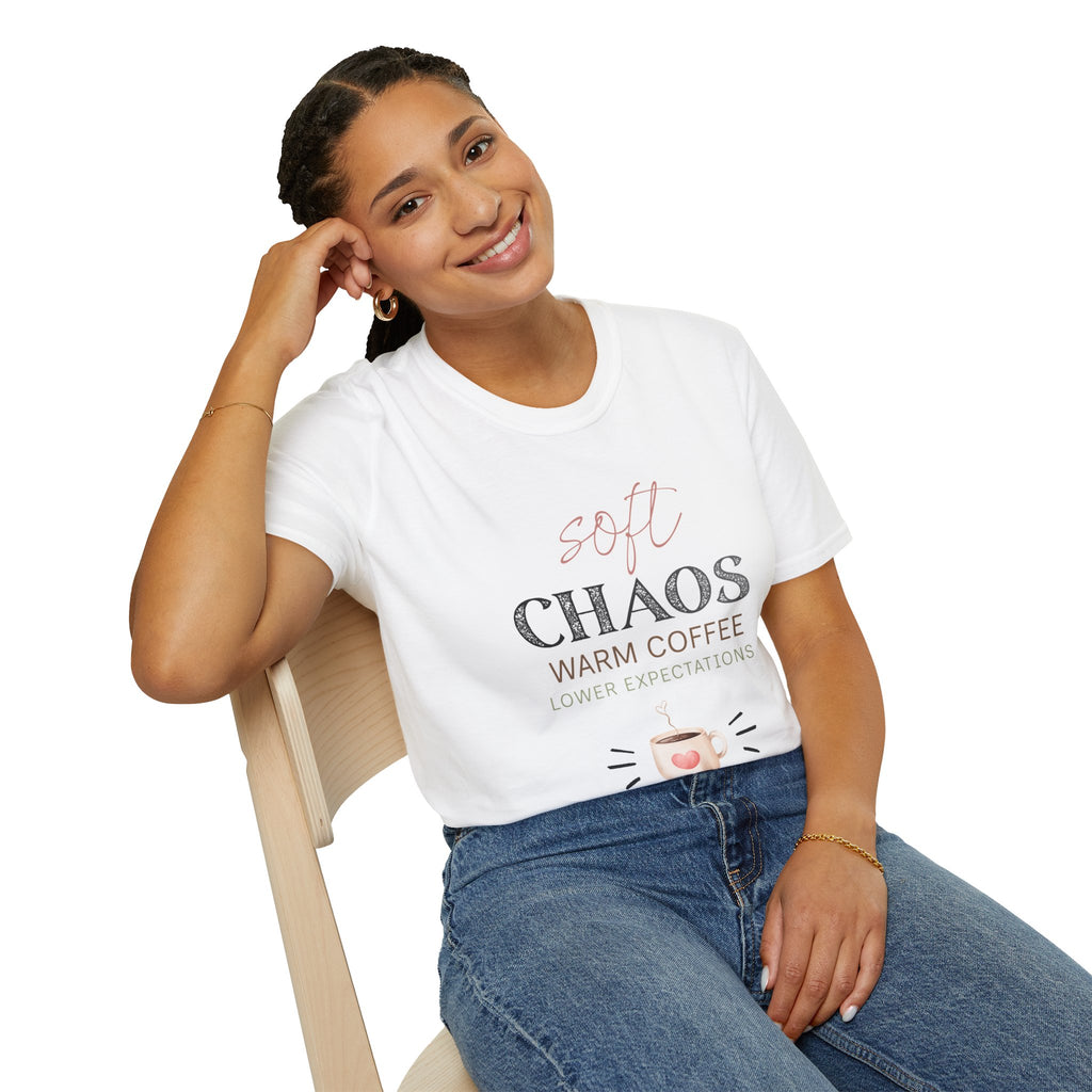 Soft Chaos, Warm Coffee, Lower Expectations Tee | Funny Mom Shirt | Overwhelmed Mom Gift | Cozy Tee