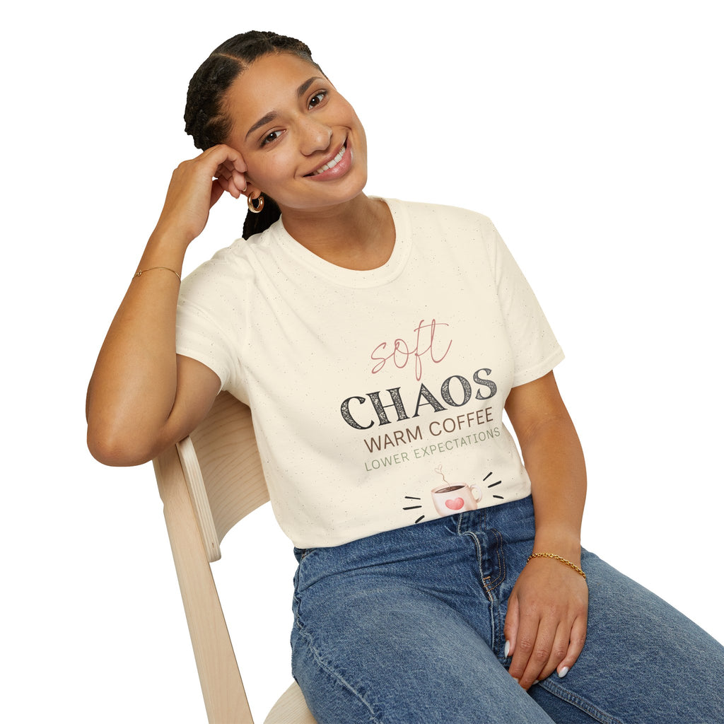 Soft Chaos, Warm Coffee, Lower Expectations Tee | Funny Mom Shirt | Overwhelmed Mom Gift | Cozy Tee