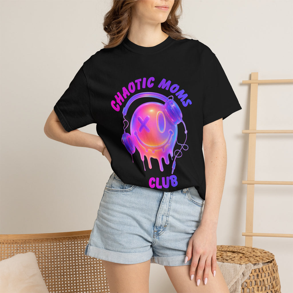 Chaotic Moms Club T-Shirt — Colorful Drip Smiley Graphic Tee (Overstimulated Since)