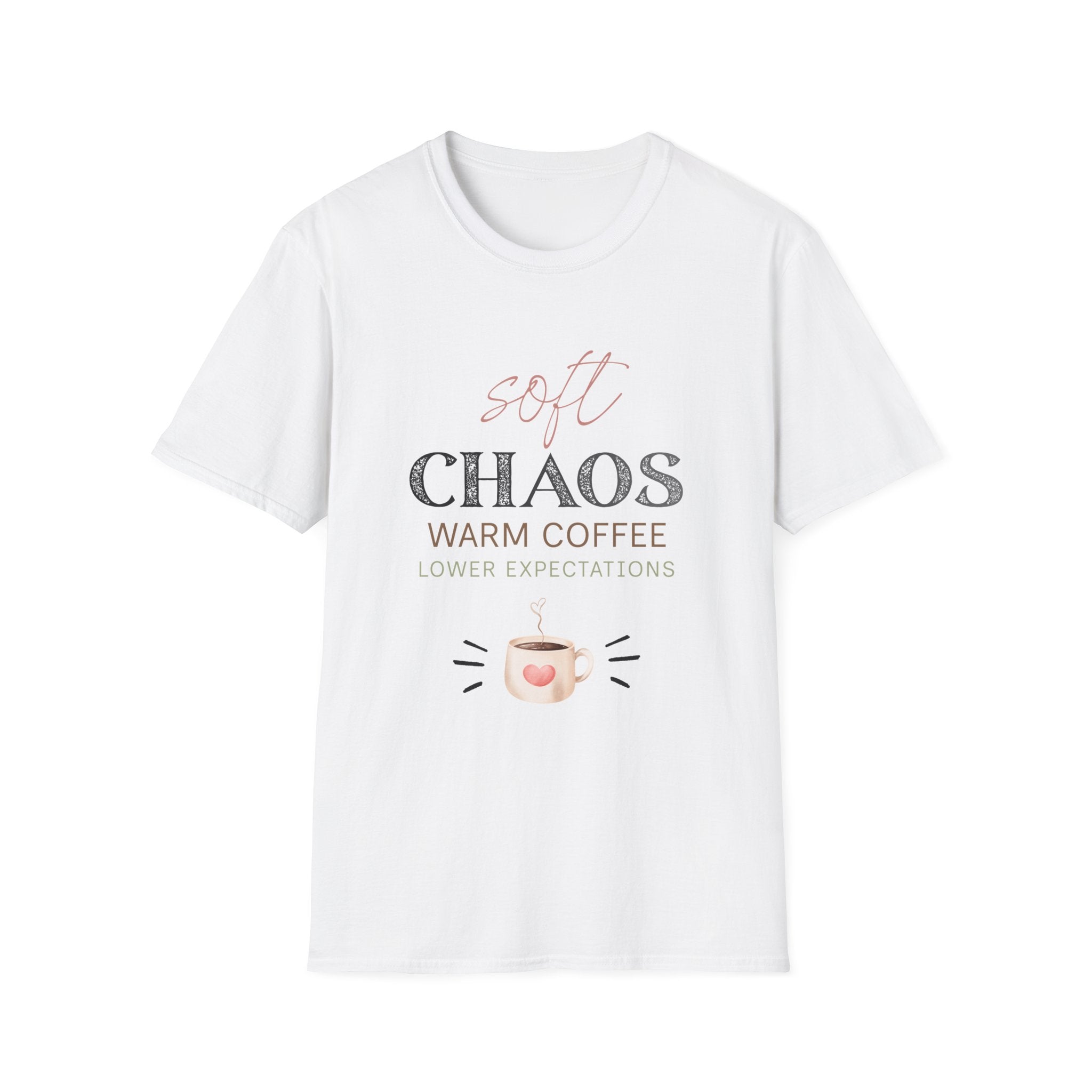 Soft Chaos, Warm Coffee, Lower Expectations Tee | Funny Mom Shirt | Overwhelmed Mom Gift | Cozy Tee