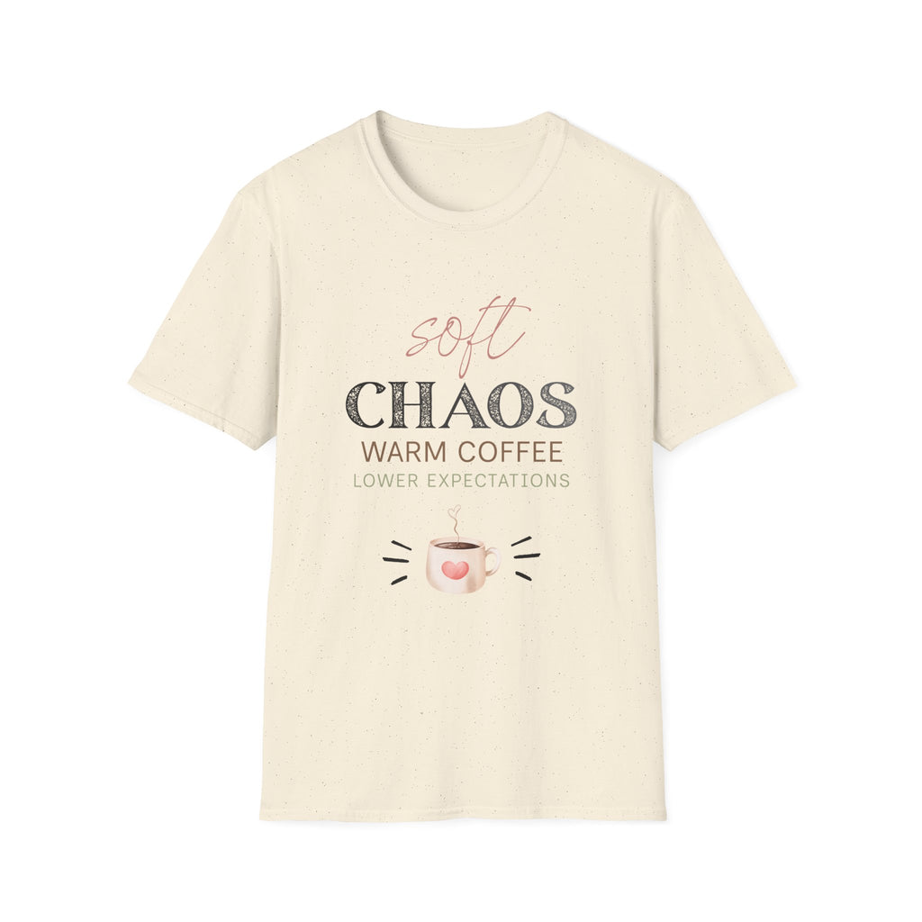 Soft Chaos, Warm Coffee, Lower Expectations Tee | Funny Mom Shirt | Overwhelmed Mom Gift | Cozy Tee