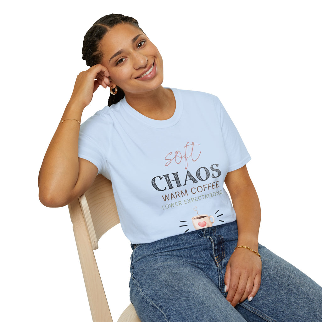 Soft Chaos, Warm Coffee, Lower Expectations Tee | Funny Mom Shirt | Overwhelmed Mom Gift | Cozy Tee