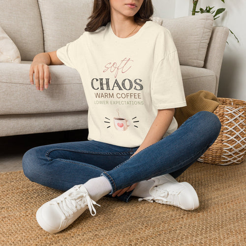 Soft Chaos, Warm Coffee, Lower Expectations Tee | Funny Mom Shirt | Overwhelmed Mom Gift | Cozy Tee